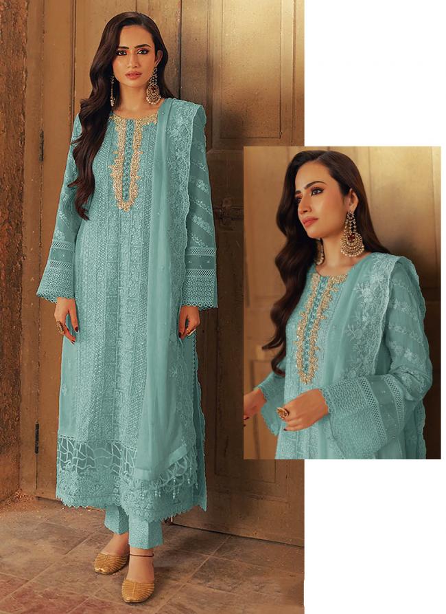 Georgette Sky Blue Eid Wear Embroidery Work Pakistani Suit